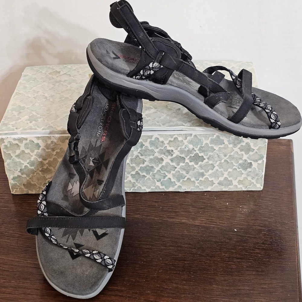Skechers Reggae Slim Sandals Womens Black Gray Strappy Memory Foam Hiking Shoes